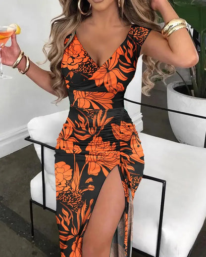 Maxi Dress, Summer Women Print Dress Fashion Casual Elegant V-neck Sleeveless Bodycon Beach Party Dresses Robe Femme 2024 New Vestidos