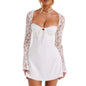Women’s Elegant Bodycon Mini Dress Lace Long Sleeve White Dress for Spring Summer Low Cut Back Tie Dress Tunic Dress Party Wear