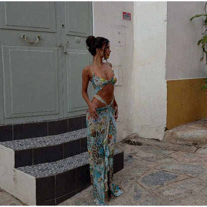 Women Sexy Print Bikini Patchwork Ruffles Long Dress Fashion Hollow Out Off Shoulder Slim Halter Vestido Lady New Beach Clubwear