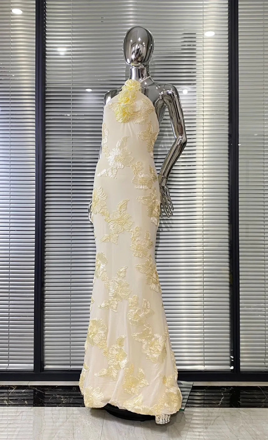 Light Yellow Delicacy Jacquard flowers dress Halter Sleeveless Ankle Length Dress Celebrity Party Evening Dress Woman Voaction Outfit