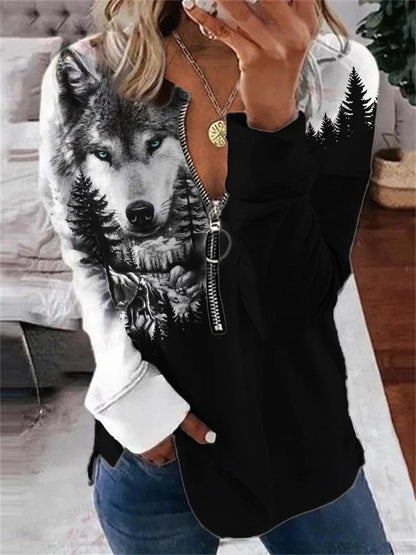 Wolf Hoodies Women Fashion Zipper Hoodies Vintage Animal Sweatshirt Zip Up Hoodie Oversized Sudaderas Crewneck Coats Ladies