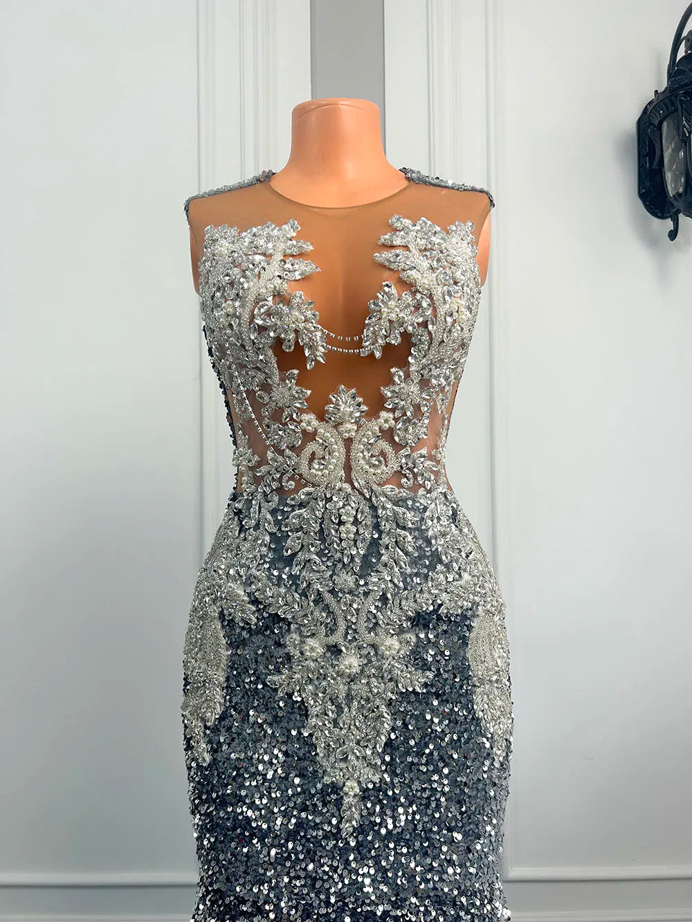 Maxi dress, Gorgeous Long Mermaid Prom Dresses 2025 Sexy Sheer Mesh 3D Lace Beaded Sparkly Silver