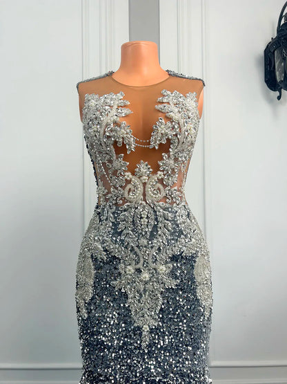Maxi dress, Gorgeous Long Mermaid Prom Dresses 2025 Sexy Sheer Mesh 3D Lace Beaded Sparkly Silver