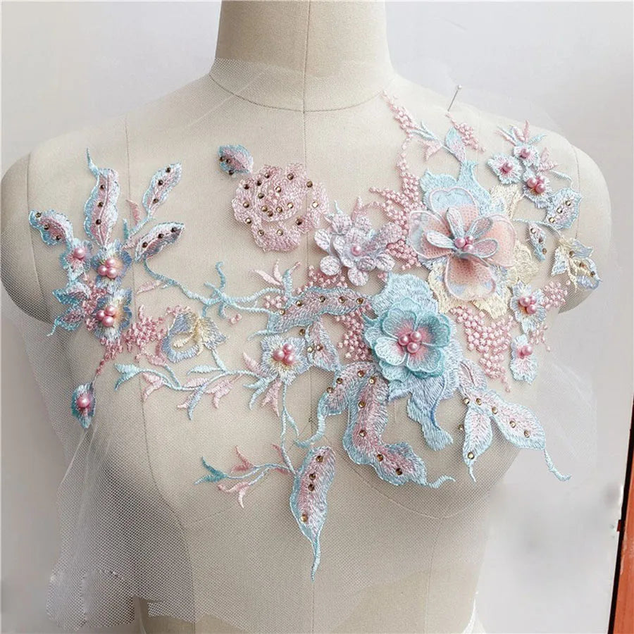 Lace, 3D Embroidered Sewing On Patches For Clothing Flower Lace Patch Wedding Party Gown Bridal Dress Fabric Appliques DIY Repair