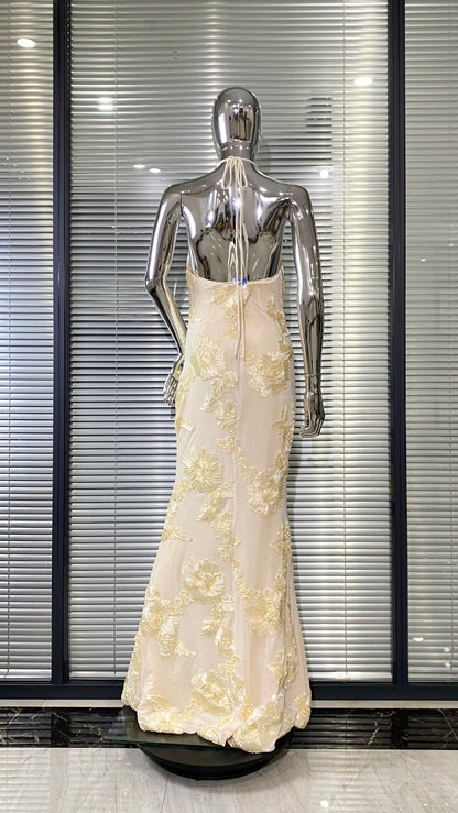 Light Yellow Delicacy Jacquard flowers dress Halter Sleeveless Ankle Length Dress Celebrity Party Evening Dress Woman Voaction Outfit