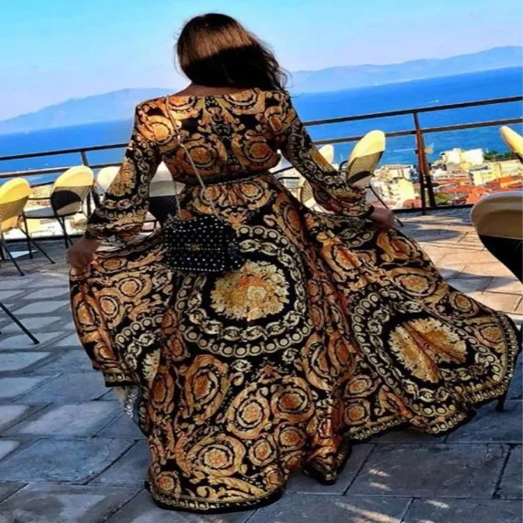 Maxi Gown, Women Retro Printed Long Sleeve Summer Casual Bohemian V Neck Big Swing Split Long Robe