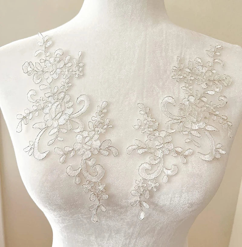 Lace, 1 Pair Flower Sew Wedding Lace Patches Embroidery Applique Repair For Wedding Dresses 25*12cm