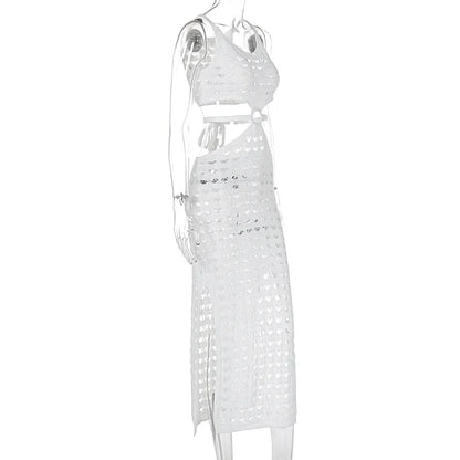 Sexy Hollow Out Women Knit Maxi Dress High Waist Cut Out Mesh Sheer Elegant Sleeveless Hem silt Beach Party Dress Femme