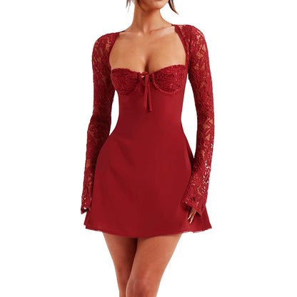Women’s Elegant Bodycon Mini Dress Lace Long Sleeve White Dress for Spring Summer Low Cut Back Tie Dress Tunic Dress Party Wear
