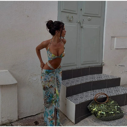Women Sexy Print Bikini Patchwork Ruffles Long Dress Fashion Hollow Out Off Shoulder Slim Halter Vestido Lady New Beach Clubwear