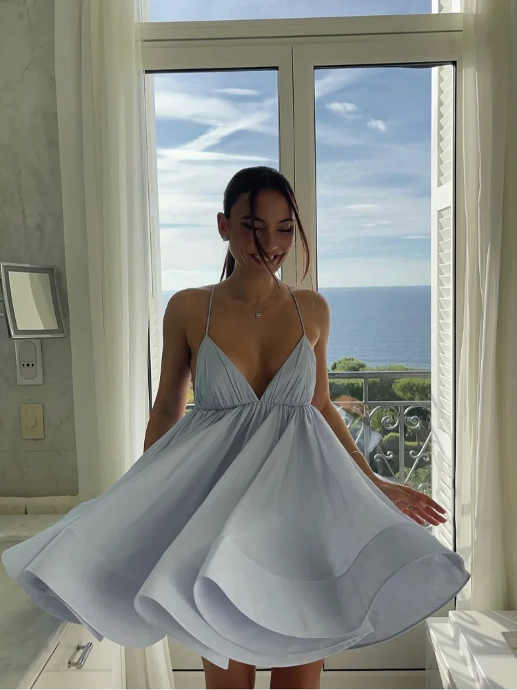 Elegant Chiffon Pleated Off Shoulder Women Sling Dress Fashion Lace Up Backless High Waist A-line Mini Dresses Lady Beach Robes