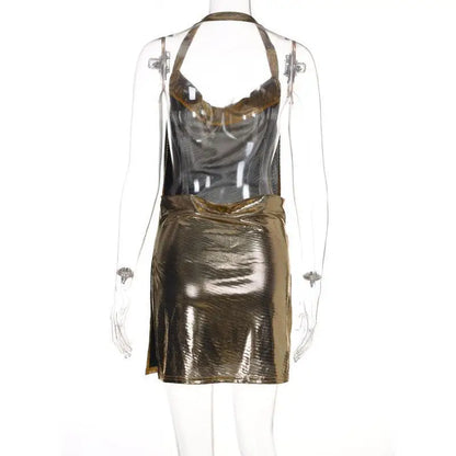 Mini Dress, Sexy Bodycon for Women Bling Glitter Evening Prom Women Halter Side Slit Backless Party Club Summer Clothes