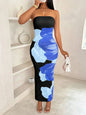 Blind burst women's slim-fit off-the-shoulder color contrast flower print elegant fashion temperament dress