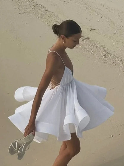 Elegant Chiffon Pleated Off Shoulder Women Sling Dress Fashion Lace Up Backless High Waist A-line Mini Dresses Lady Beach Robes