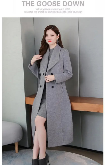 Women's Wool Coat - Long, Thick, Slim Fit with Waist Fitting, Knee-Length for Elegant and Warm Wear.