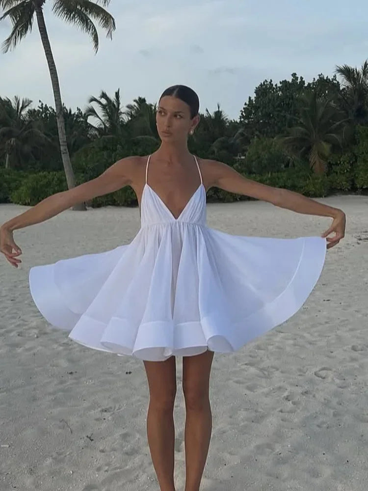 Elegant Chiffon Pleated Off Shoulder Women Sling Dress Fashion Lace Up Backless High Waist A-line Mini Dresses Lady Beach Robes