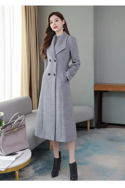 Women's Wool Coat - Long, Thick, Slim Fit with Waist Fitting, Knee-Length for Elegant and Warm Wear.