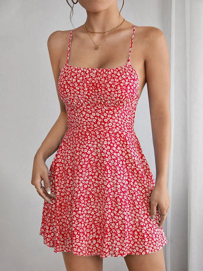 Womens Dresses Sexy Floral Backless Bandage Holiday Beach Dress Summer Fashion Red Short New In Dresses 2024