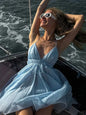 Elegant Chiffon Pleated Off Shoulder Women Sling Dress Fashion Lace Up Backless High Waist A-line Mini Dresses Lady Beach Robes
