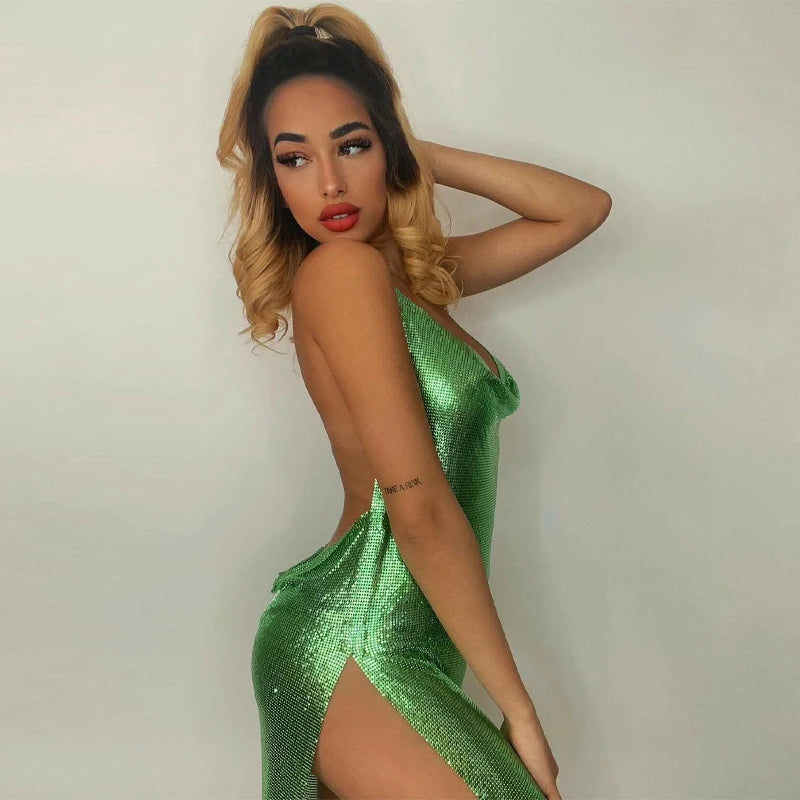 Mini Dress, Sexy Bodycon for Women Bling Glitter Evening Prom Women Halter Side Slit Backless Party Club Summer Clothes
