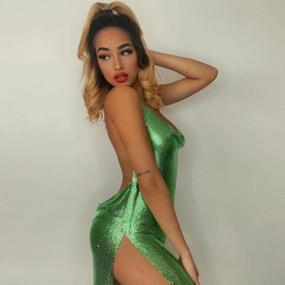 Mini Dress, Sexy Bodycon for Women Bling Glitter Evening Prom Women Halter Side Slit Backless Party Club Summer Clothes