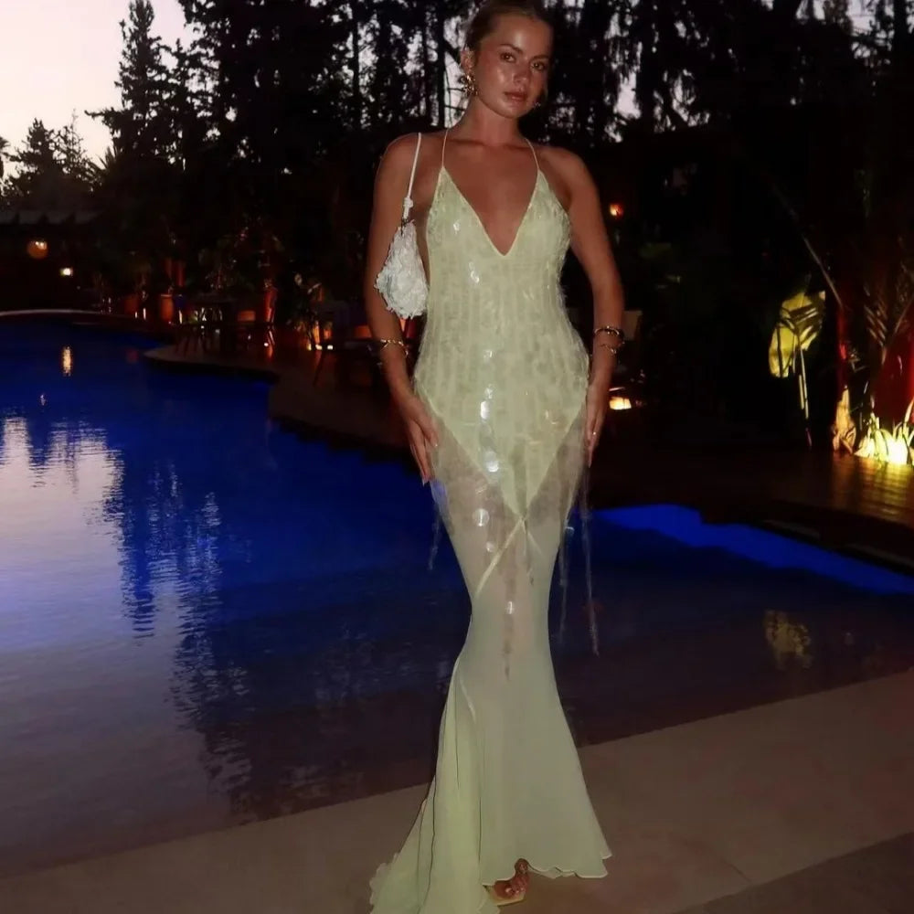 Halter neck , Yellow Sequins Maxi Beach Dress Women Sexy Backless Slim Party Fishtail Dresses Summer Mesh Patchwork Sheer Holiday Dress 2024