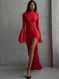 Hugcitar Turtleneck Solid Long Sleeve Backless Slit Sexy Slim Maxi Prom Dress 2024 Spring Women Clothes Birthday Party Y2K