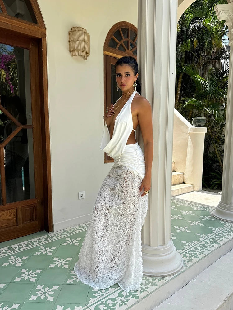 Maxi Dress, Sexy 3D Flower Halter Deep V Neck for Women Patchwork Backless Slim  Sleeveless Dress Evening Party Club Prom Beach