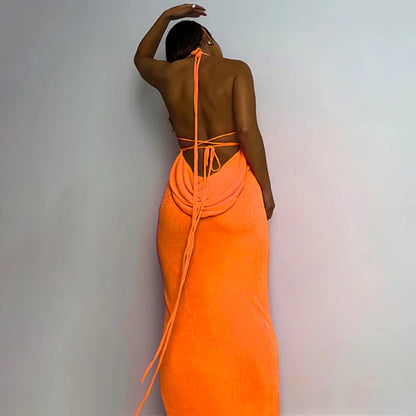 Backless Sleeveless, Swing Collar Drawstrings Hollow Out Slit Sexy Maxi Prom Dress 2023 Summer Women Party Y2K Robe