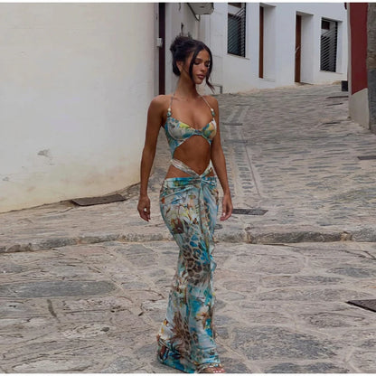 Women Sexy Print Bikini Patchwork Ruffles Long Dress Fashion Hollow Out Off Shoulder Slim Halter Vestido Lady New Beach Clubwear