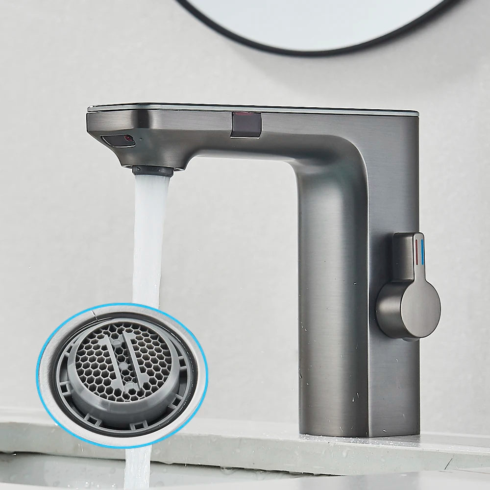 New Gray Smart Daul Sensor Bathroom Basin Faucet Hot Cold Water Mixer Deck Mount  Bathroom Sink Faucet