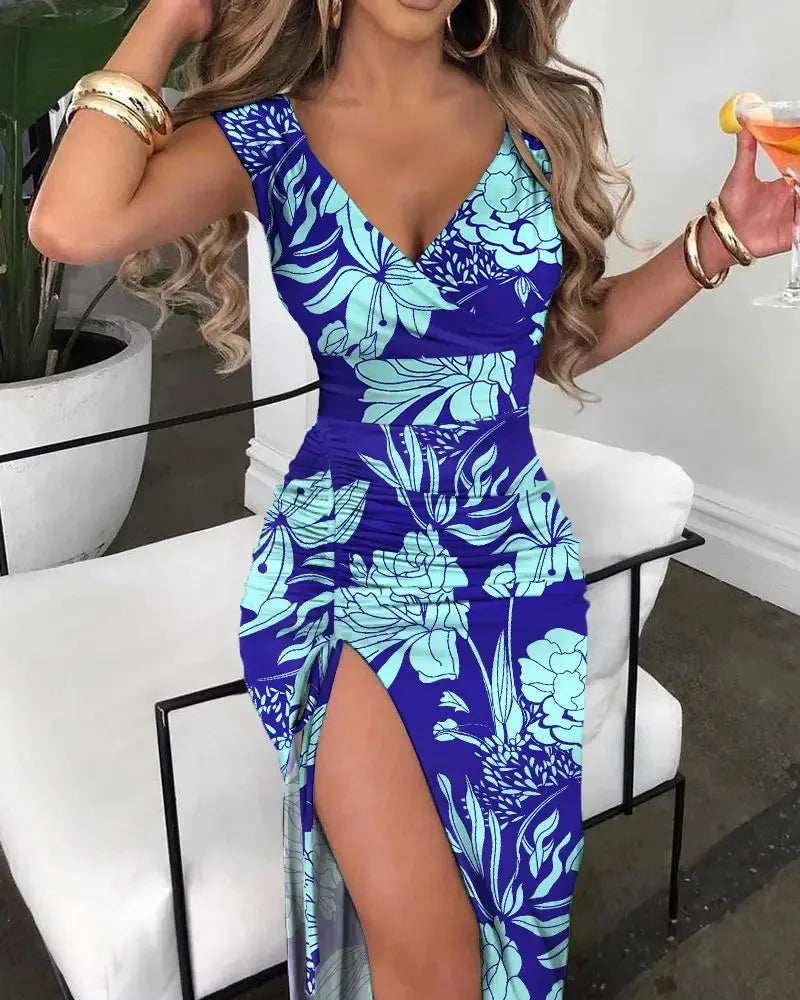 Maxi Dress, Summer Women Print Dress Fashion Casual Elegant V-neck Sleeveless Bodycon Beach Party Dresses Robe Femme 2024 New Vestidos
