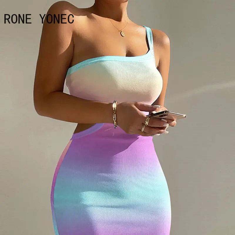 2023 Women Elegant Thick Straps One Shoulder Midriff Vacation Sexy Midi Dresses