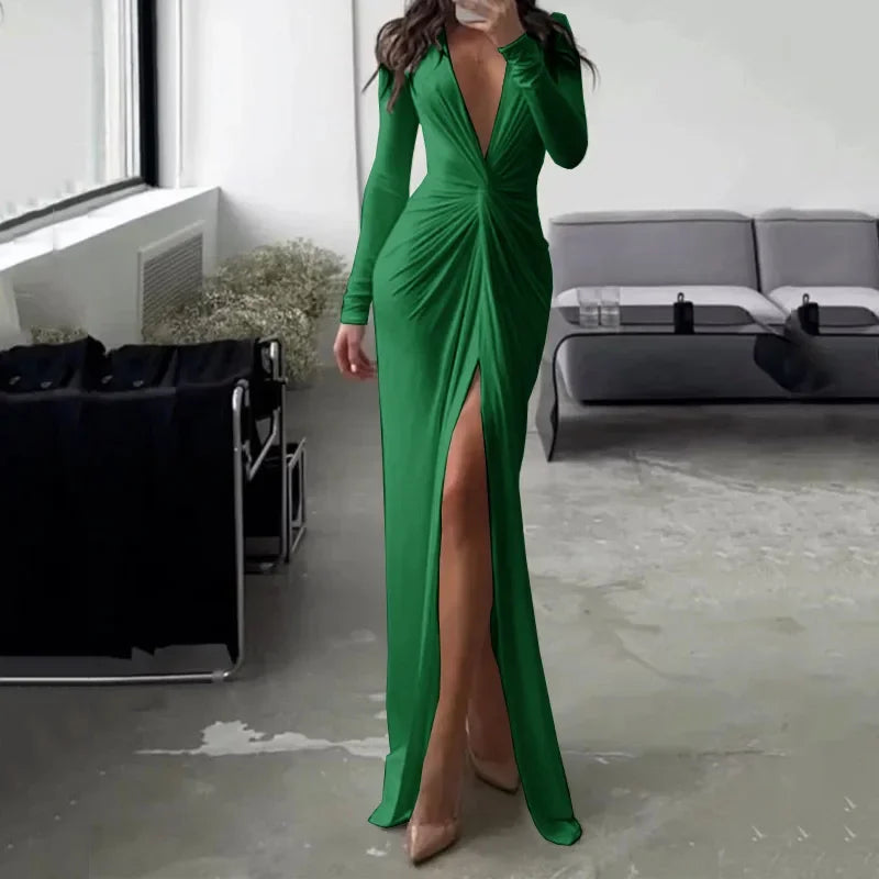 Women Long Dress Folds V Neck Split Floor Length Evening Dresses Full Sleeve Slim Fit Solid Splice Vestidos Elegant Gown