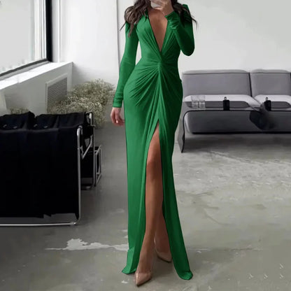Women Long Dress Folds V Neck Split Floor Length Evening Dresses Full Sleeve Slim Fit Solid Splice Vestidos Elegant Gown
