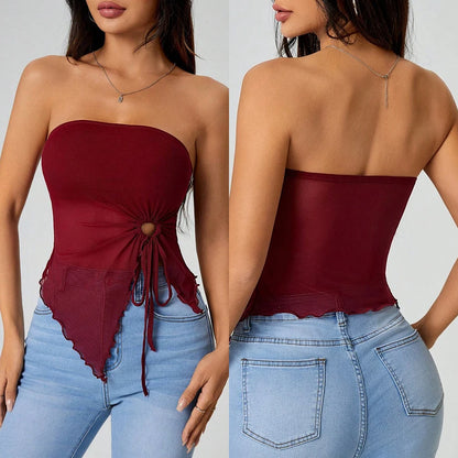 Mia Muse Women's Tanks Summer French Trendy Plain Cut Out Asymmetrical Hem Sleeveless Off Shoulder Tube Tanks New Year Valentine
