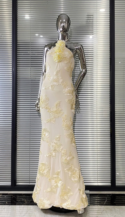 Light Yellow Delicacy Jacquard flowers dress Halter Sleeveless Ankle Length Dress Celebrity Party Evening Dress Woman Voaction Outfit