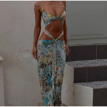 Women Sexy Print Bikini Patchwork Ruffles Long Dress Fashion Hollow Out Off Shoulder Slim Halter Vestido Lady New Beach Clubwear