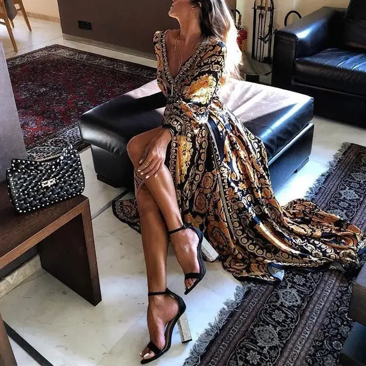 Maxi Gown, Women Retro Printed Long Sleeve Summer Casual Bohemian V Neck Big Swing Split Long Robe