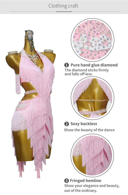Dance Dress, 2025 Latin Sexy Professional Women Ballroom Party Prom Short Skirt Girls Samba Line Sport Stage Wear Fringed Clothes