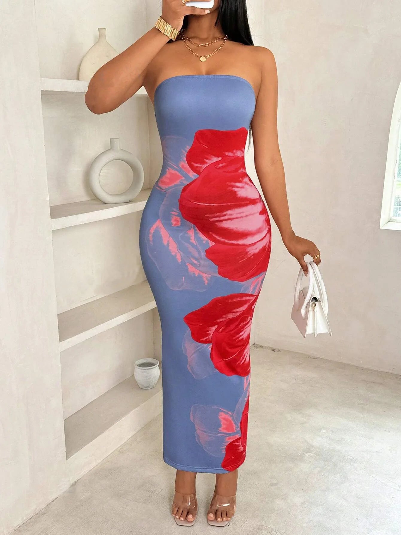 Blind burst women's slim-fit off-the-shoulder color contrast flower print elegant fashion temperament dress