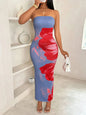 Blind burst women's slim-fit off-the-shoulder color contrast flower print elegant fashion temperament dress