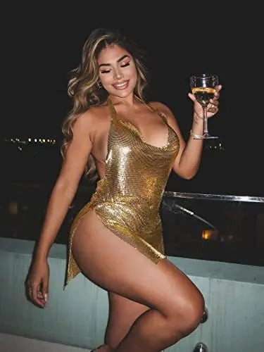 Mini Dress, Sexy Bodycon for Women Bling Glitter Evening Prom Women Halter Side Slit Backless Party Club Summer Clothes