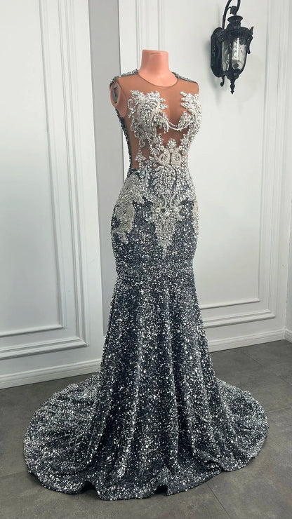 Maxi dress, Gorgeous Long Mermaid Prom Dresses 2025 Sexy Sheer Mesh 3D Lace Beaded Sparkly Silver