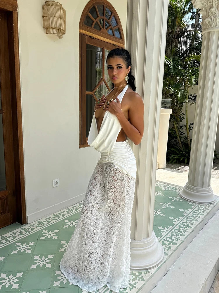 Maxi Dress, Sexy 3D Flower Halter Deep V Neck for Women Patchwork Backless Slim  Sleeveless Dress Evening Party Club Prom Beach