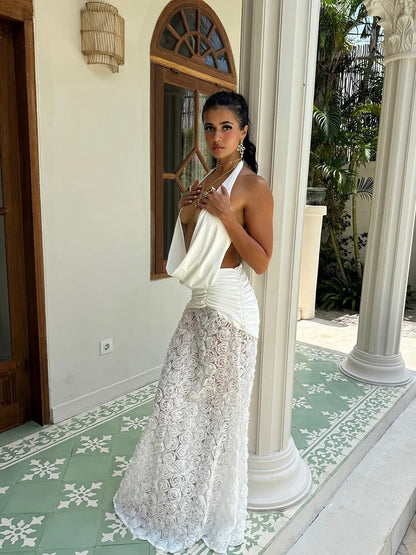 Maxi Dress, Sexy 3D Flower Halter Deep V Neck for Women Patchwork Backless Slim  Sleeveless Dress Evening Party Club Prom Beach