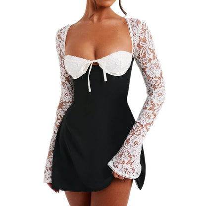 Women’s Elegant Bodycon Mini Dress Lace Long Sleeve White Dress for Spring Summer Low Cut Back Tie Dress Tunic Dress Party Wear