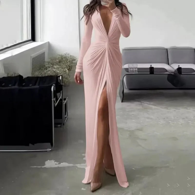 Women Long Dress Folds V Neck Split Floor Length Evening Dresses Full Sleeve Slim Fit Solid Splice Vestidos Elegant Gown
