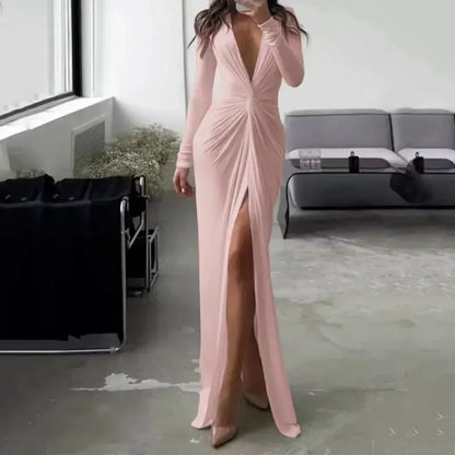 Women Long Dress Folds V Neck Split Floor Length Evening Dresses Full Sleeve Slim Fit Solid Splice Vestidos Elegant Gown