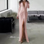 Women Long Dress Folds V Neck Split Floor Length Evening Dresses Full Sleeve Slim Fit Solid Splice Vestidos Elegant Gown